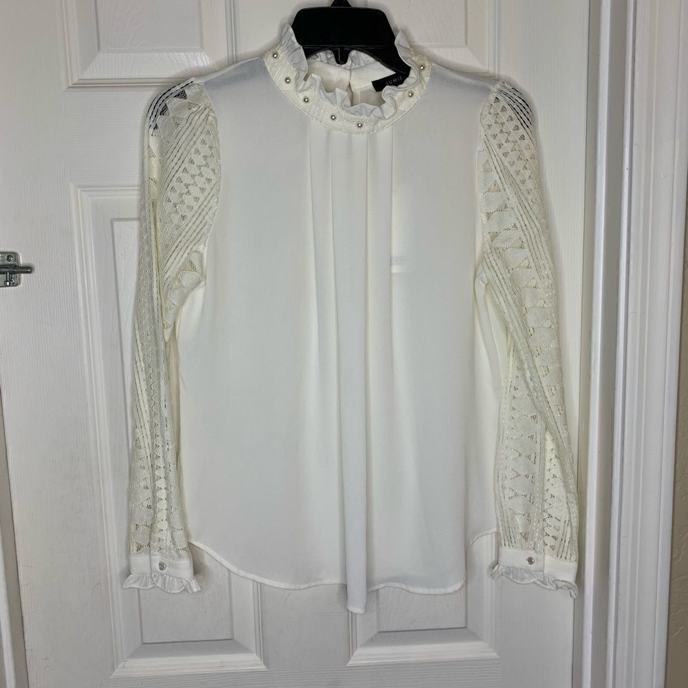 Lumie Off White Sheer Top, Lace Sleeves, Bead Neck